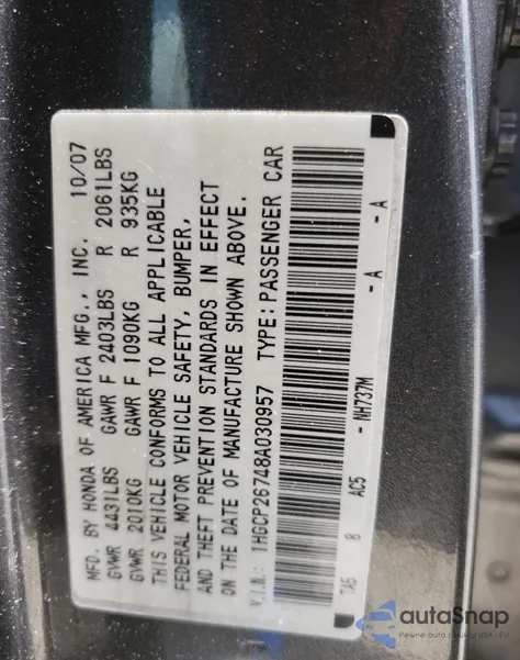 2008 Honda Accord Ex from USA, damaged, VIN 1HGCP26748A030957